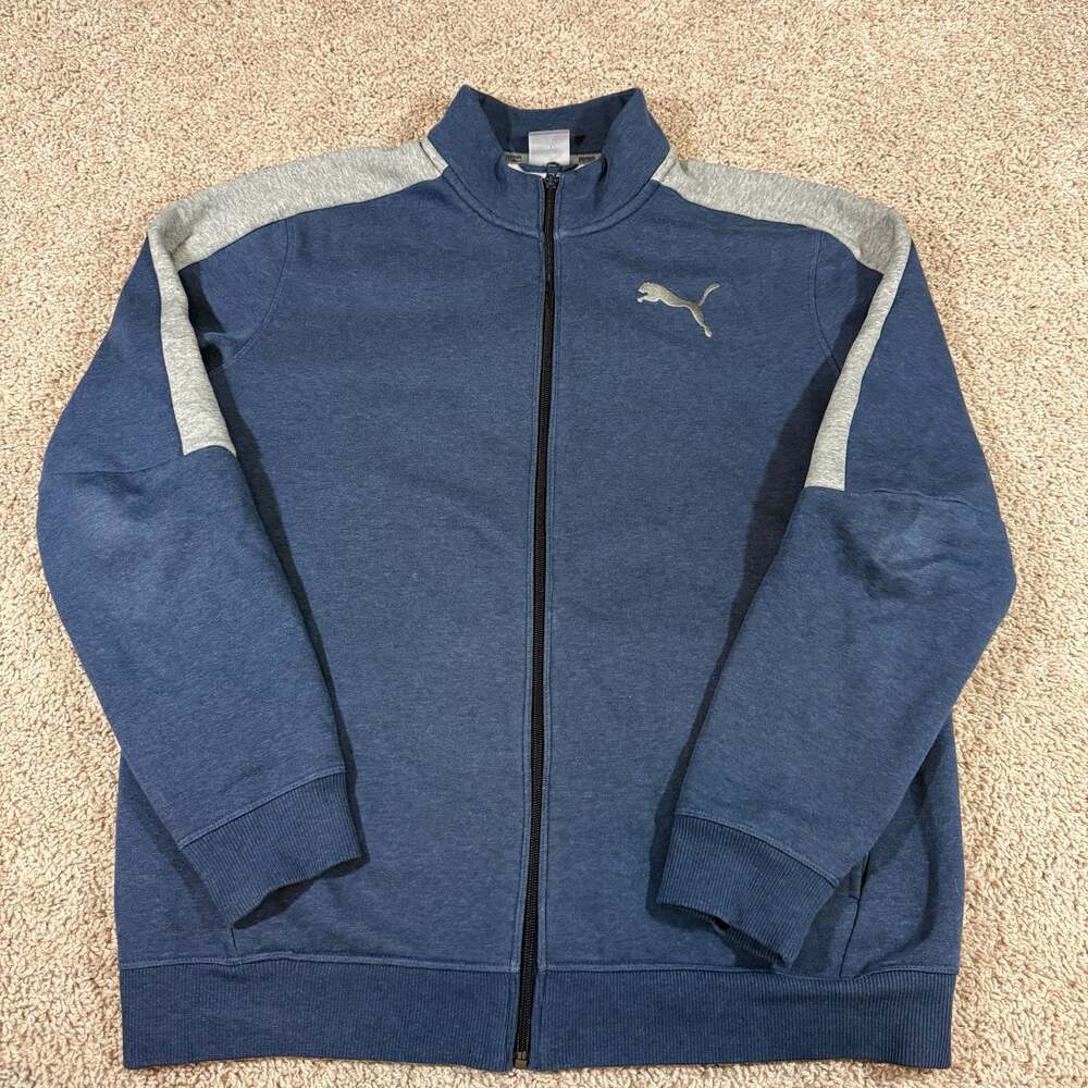 Puma Full Zip Track Jacket Mens Large Blue Gray Fleece Lined Athletic Sweatshirt